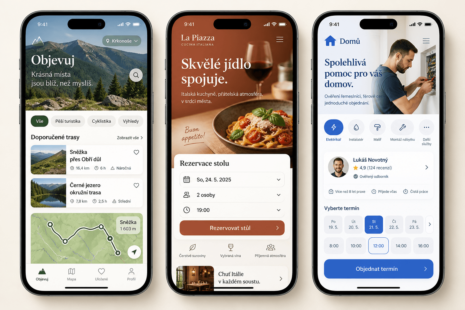Koncepty aplikací pro výlety, rezervaci restaurace a objednání řemeslníka