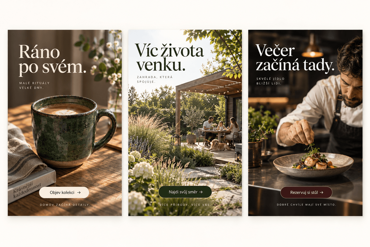 Tři návrhy reklam pro keramiku, návrh zahrady a restauraci